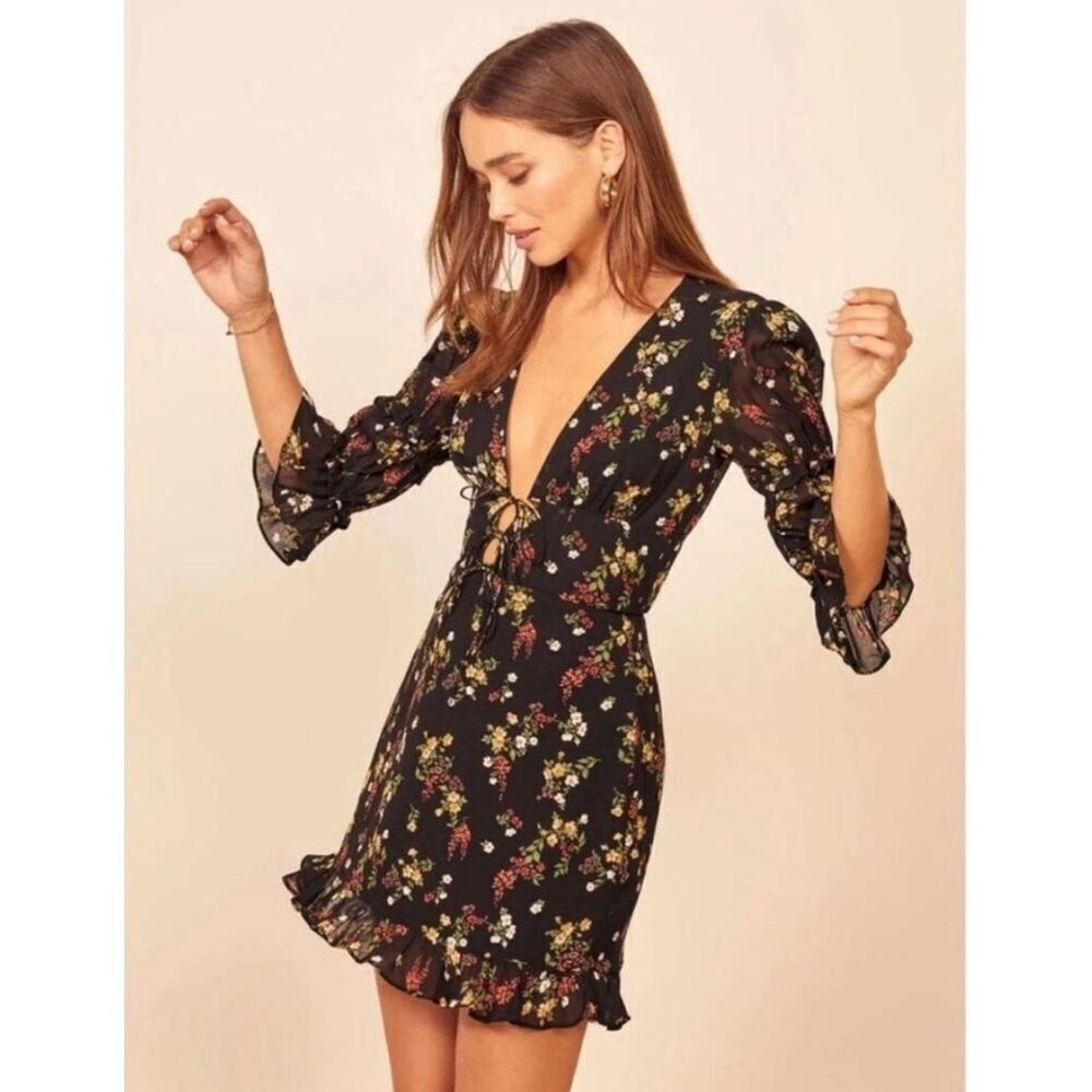 Reformation Black Floral Mini Dress with Multicolor Flowers